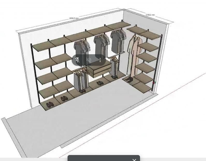 Diseño en 3D de un closet con estantes y colgadores