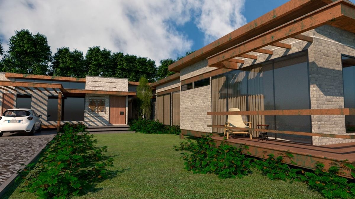 Render de fachada de vivienda con pérgola, piedra y madera