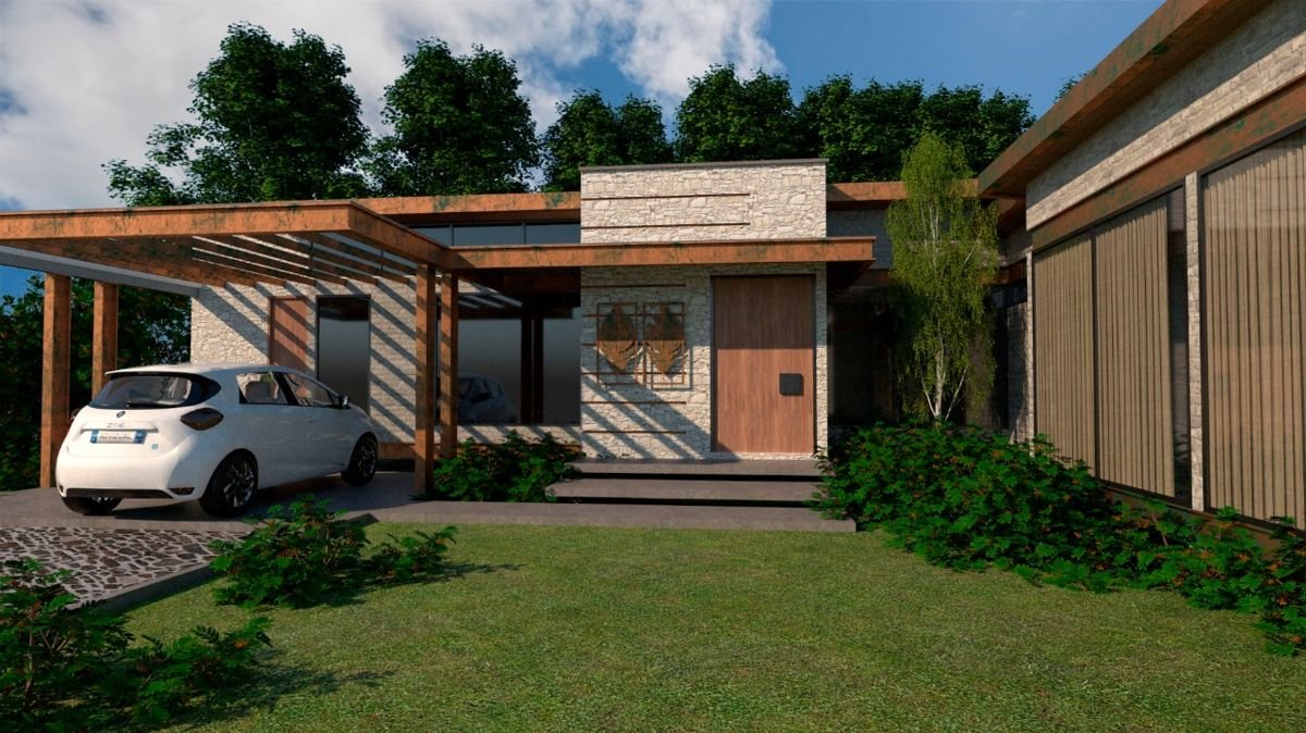 Render del acceso a una vivienda con pérgola y jardín
